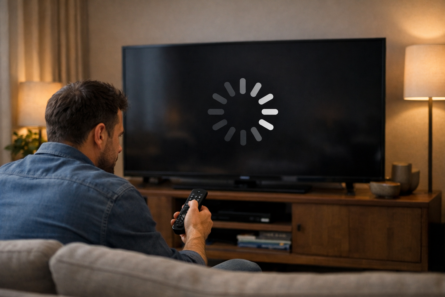A man sitting on a couch holding a TV remote, looking at a flat-screen television displaying a generic buffering icon in a modern living room during the evening.