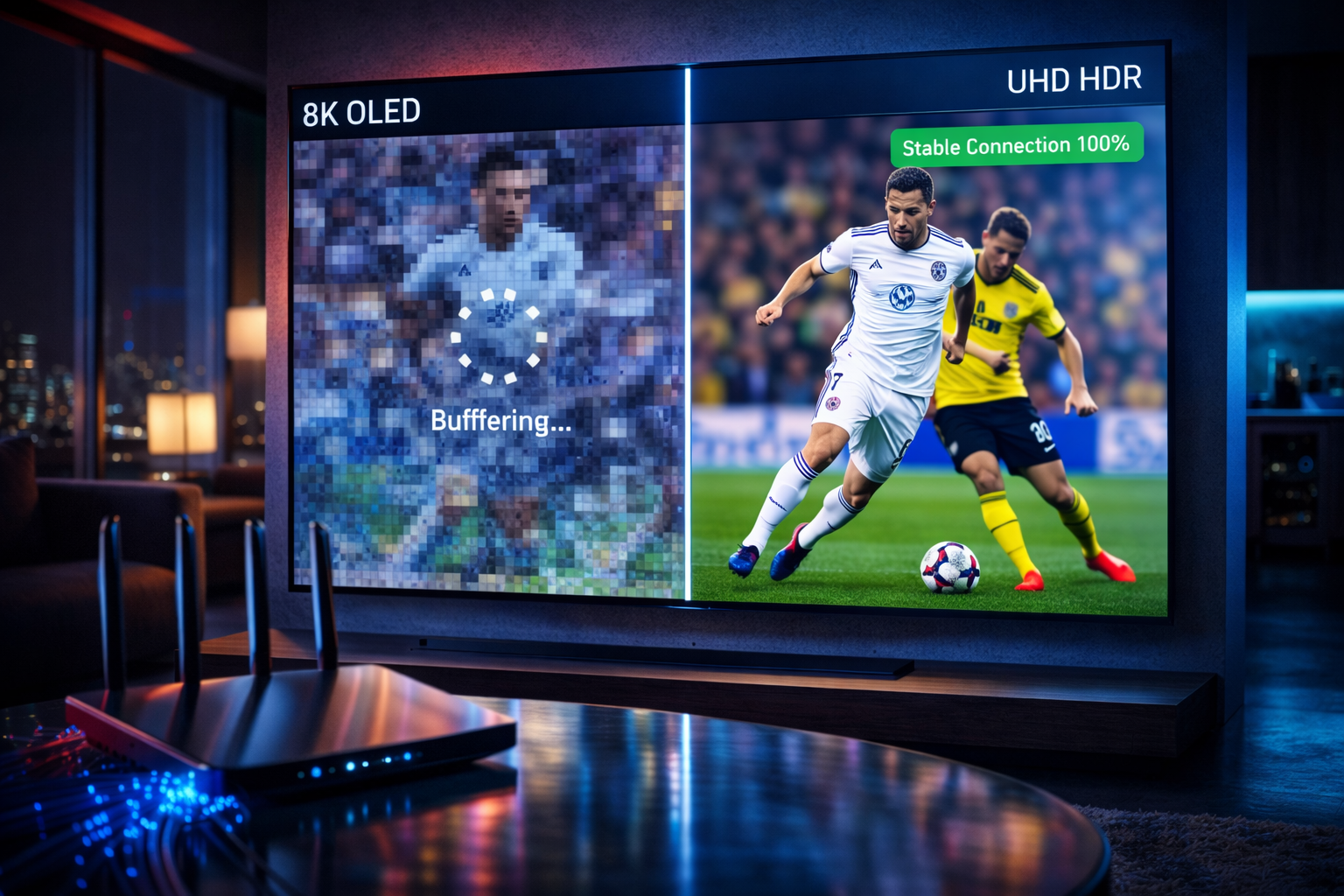 Vergleich zwischen ruckelndem IPTV-Stream und stabilem 4K-Streaming im Jahr 2026 mit Arena IPTV Technologie