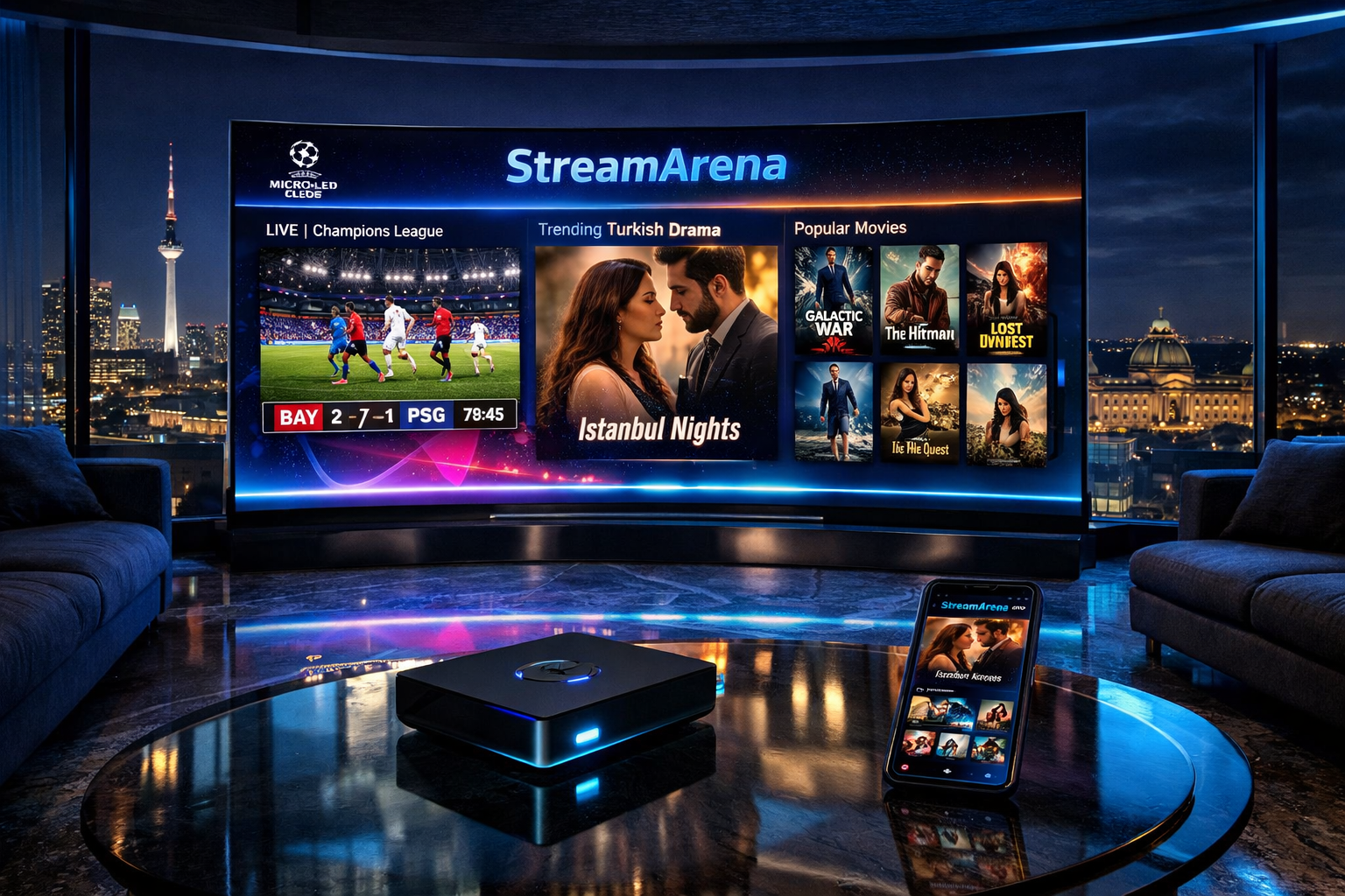StreamArena IPTV Dashboard auf einem 8K Fernseher mit Sport- und Film-Streaming-Optionen
