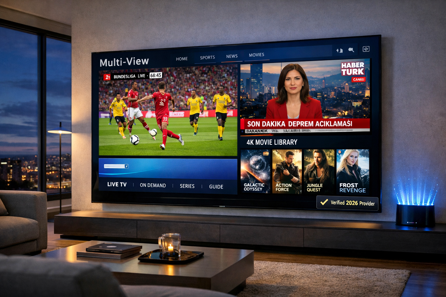 Bester IPTV Anbieter 2026 Vergleich – Ein 4K Fernseher zeigt stabiles Live-Streaming und internationale Senderlisten