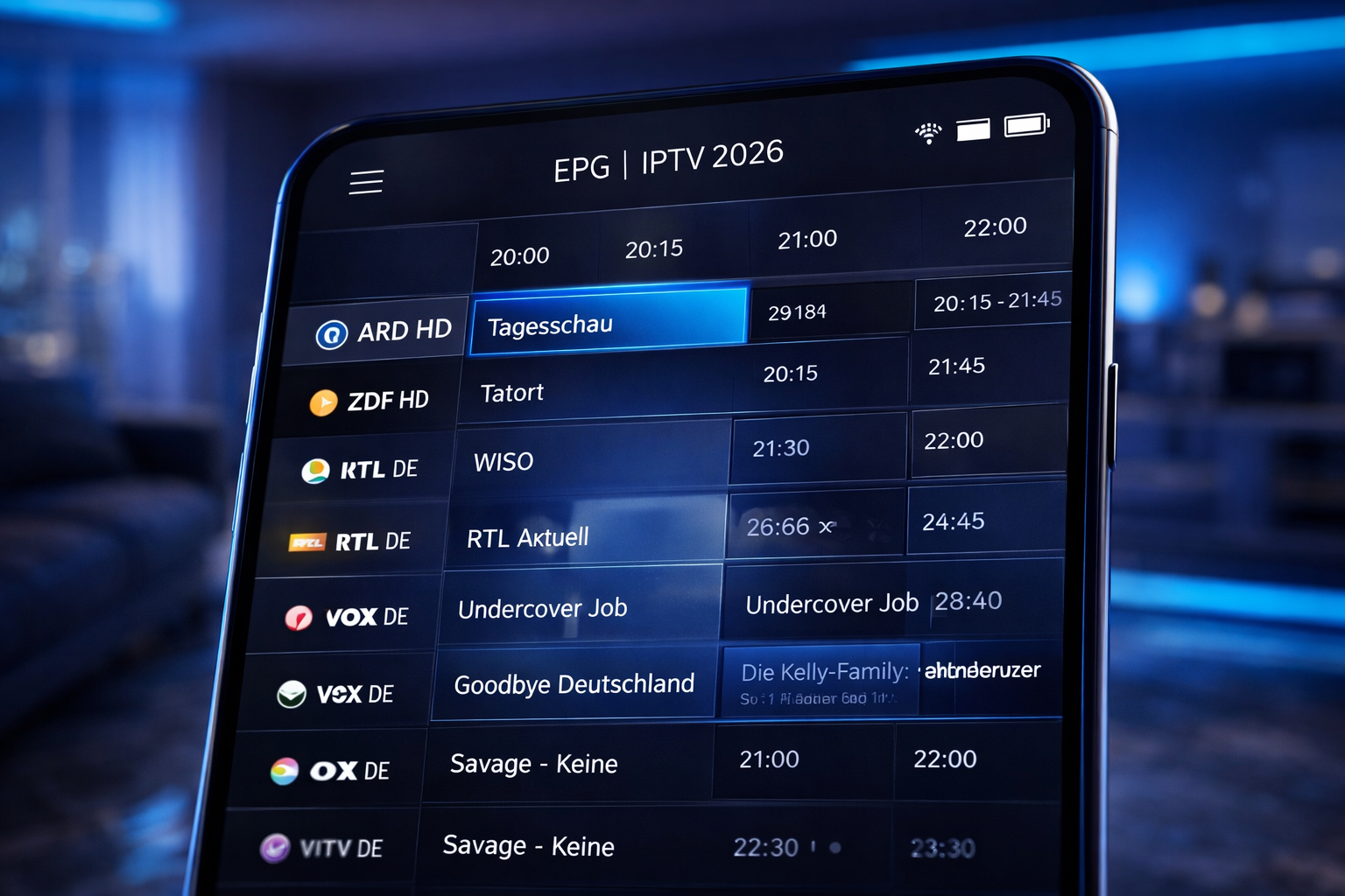 Screenshot einer EPG Quelle IPTV Oberfläche 2026 mit Programmdaten für deutsche Fernsehsender ARD, ZDF und RTL.